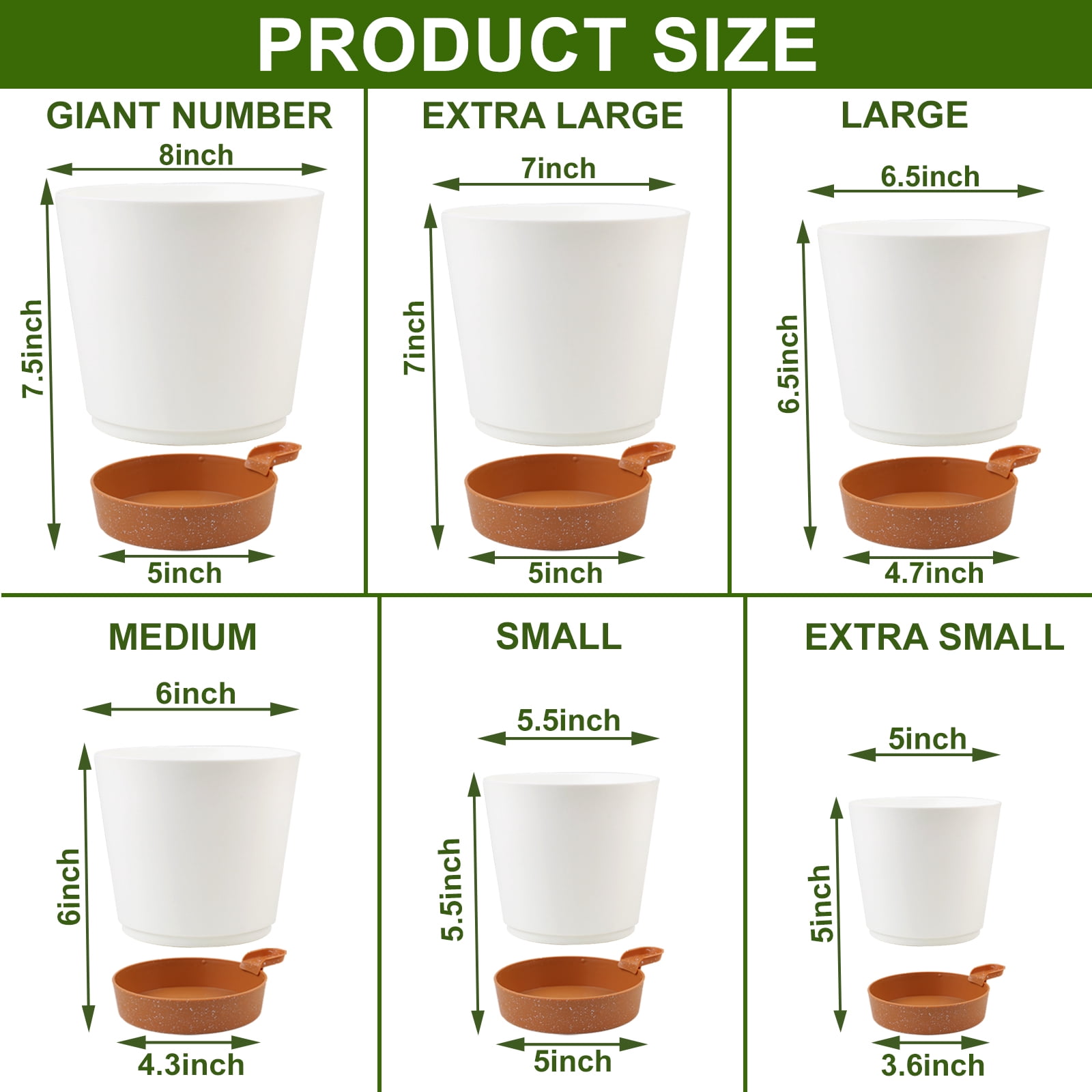 <p>Guirnd Indoor Self Watering Planters with Drainage Holes and Saucers,8,7,6.5,6,5.5,5 inches,White, 6 Pots</p>