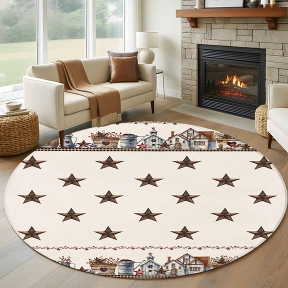 Star Rustic Round Area Rug 7 FT, Non Slip Living Room Area Carpet, Farmhouse Country Star Barn Berry Brown Washable Soft Circular Rug Non-Shedding Floor Carpet for Bedside Office Play Room Classroom