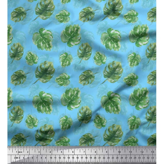 Soimoi Blue Cotton Duck Fabric Monstera Leaves Print Fabric by Yard 44 Inch Wide