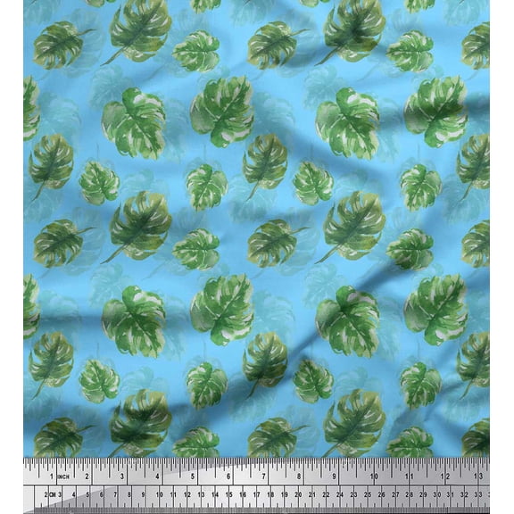 Soimoi Blue Cotton Duck Fabric Monstera Leaves Print Fabric by Yard 44 Inch Wide