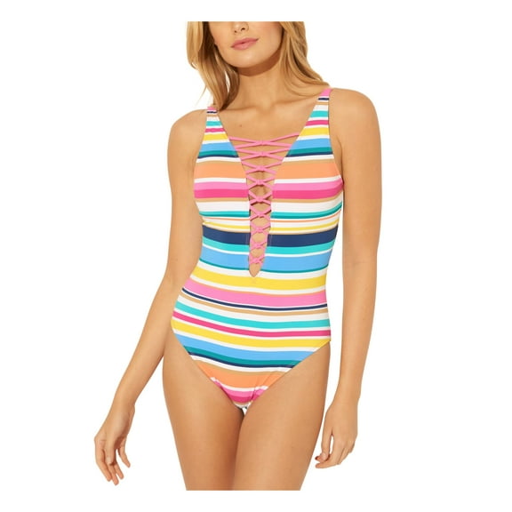 BLEU Women's Pink Multi-Stripe Stretch Strappy Removable Cups Moderate Coverage Adjustable One Piece Swimsuit 6