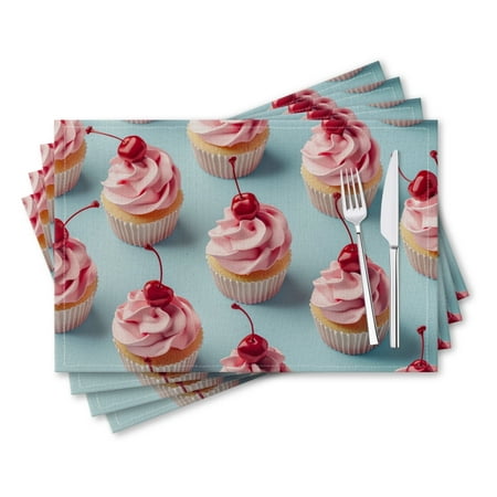 

BaHomeck placemats Set of 4 rectangle Linen Cotton Placemats for Dining Table Washable Heat Resistant 18*12inch Cupcakes With Pink Frosting And Cherry On Top