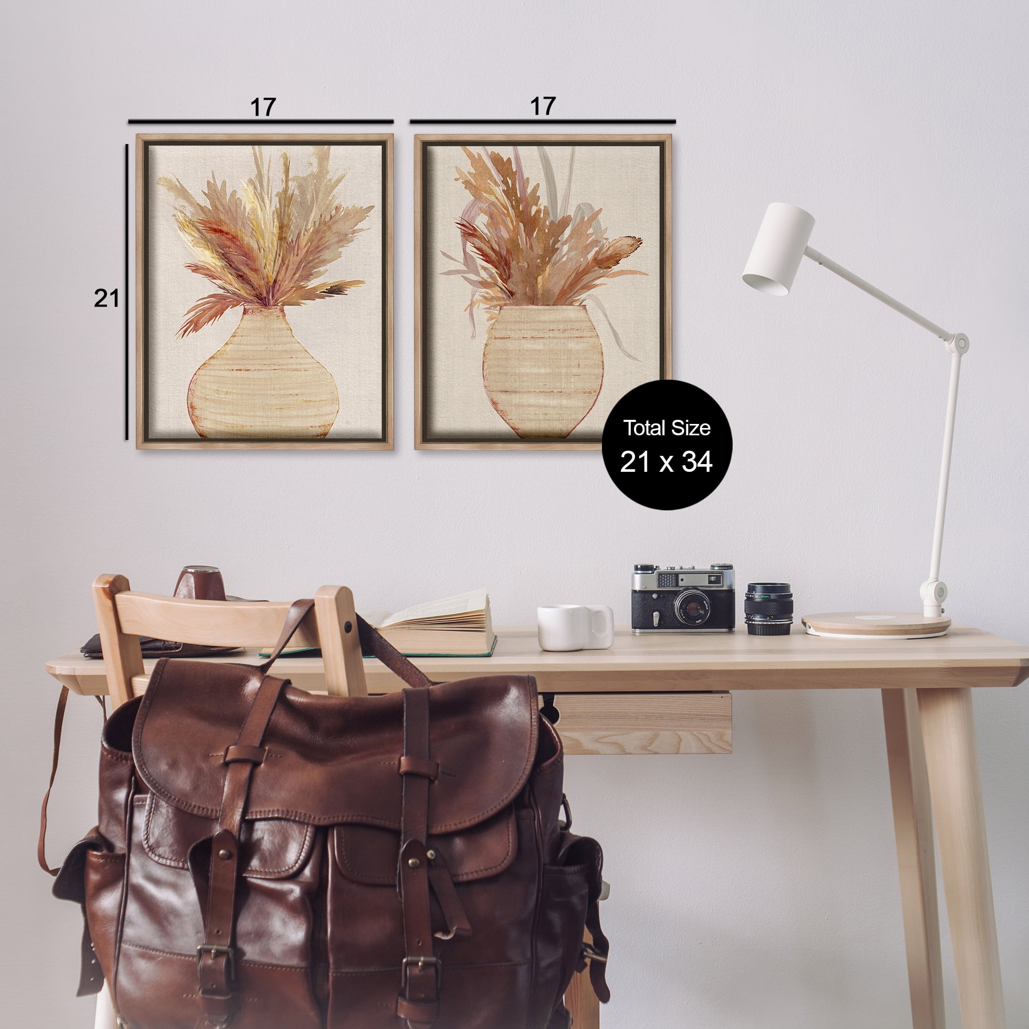 Stupell Industries Potted Feather Pampas Plants & Flowers Painting Brown Floater Framed Canvas Art Print Wall Art, 17 x 21, Set of 2