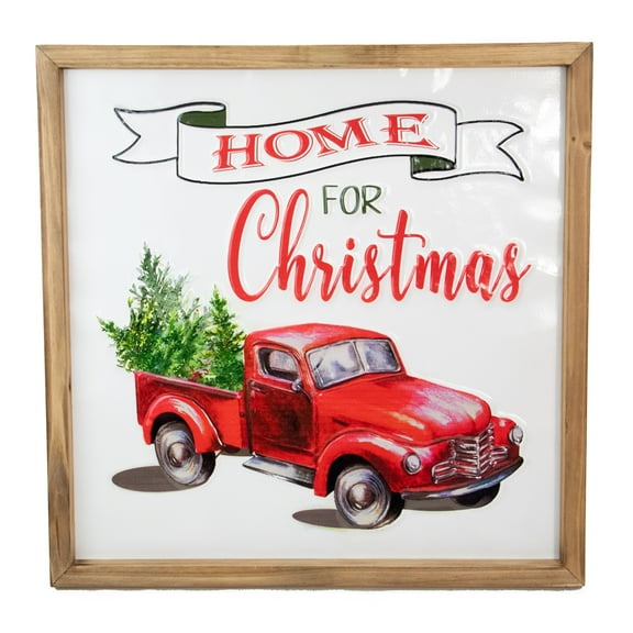 16" Red Vintage Truck With a Forest Tree "Home For Christmas" Metal With a Wooden Frame Wall Decor
