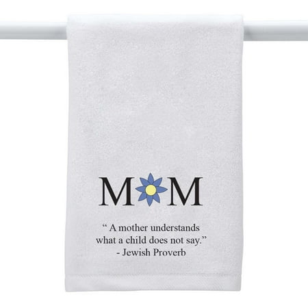 

26 White Hand Towel With Dobby Border Hem with Mom Print and Jewish Proverb Design