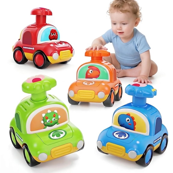 4 Pcs Press and Go Toddler Car Toys, Push and Go Baby Animal Vehicles Set, Friction Powered Travel Toys for 12-24 Months Infant, First Birthday Gift for 1 2 3 Year Old Boys Girls