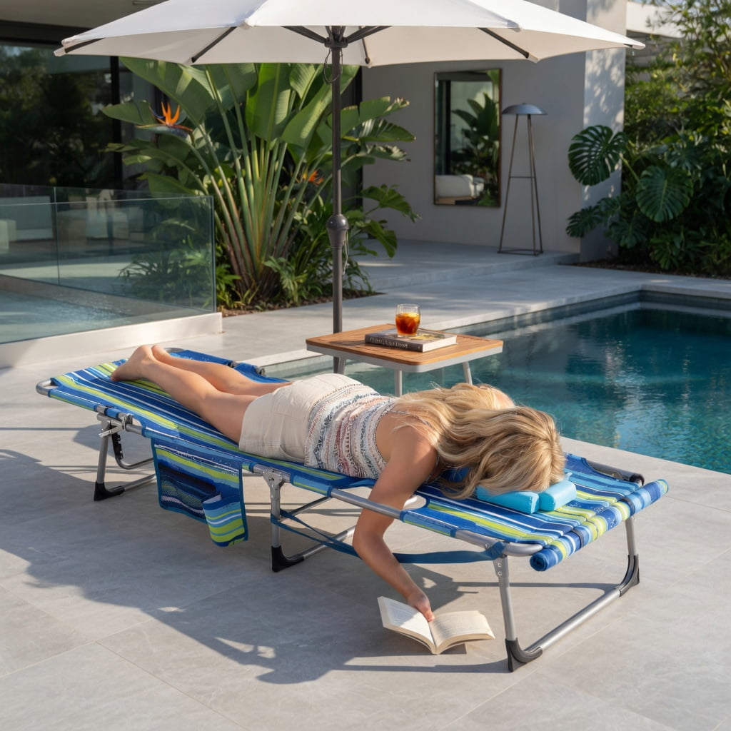 Hommoo Portable Folding Tanning Chair with Face Hole & Adjustable Backrest, Lightweight Sunbathing Lounger for Beach, Pool, Backyard, Blue & Green