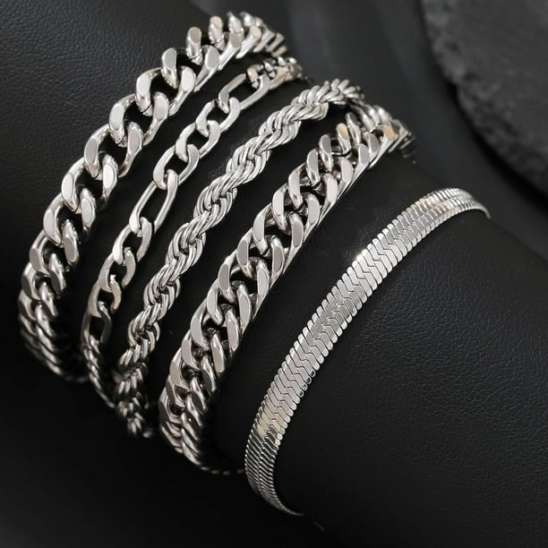 5 Pcs Stainless Steel Mens Chain Bracelet - Sturdy Curb Width