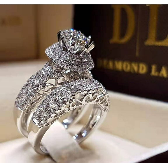 925 Sterling Silver Bridal Rings Sets AAA Cubic Zirconia  Full Diamond Engagements Rings Wedding 2 Pcs Promise Anniversary White Gold Rings for Women Size 7