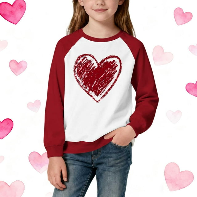 TaTaai Women's Valentine Heart Print Raglan Long Sleeve Top, Valentine's Day Gift, Casual Daily Wear, Festive Party Top Gift