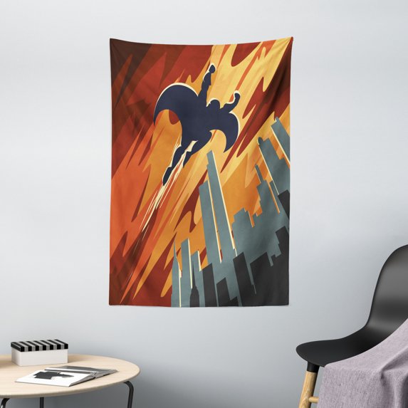 Vintage Tapestry, Silhouette of a Superhero over Apartments in Sky Night Fiction Comic Image, Wall Hanging for Bedroom Living Room Dorm Decor, 40W X 60L Inches, Red Orange Grey, by Ambesonne