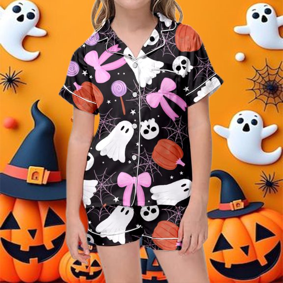 SOFTCCLO Girls Outfits Halloween Cute Fashion Print Silky Short Sleeve Shirt Shorts Loungewear 2 Piece Sets Size 2-3Y