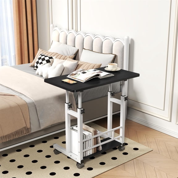 Height Adjustable Rolling Computer Desk – Mobile Sit-Stand Workstation with Locking Wheels, Two-Tier Storage & Compact Design for Home Office or Small Spaces