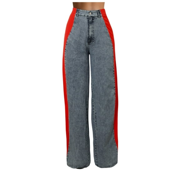 Wangmeiwg Women’s Jeans With Patchwork Stripes High Waist Loose Denim Color Block Jean Straight Wide Leg Pants Womens Pants Casual with Pockets