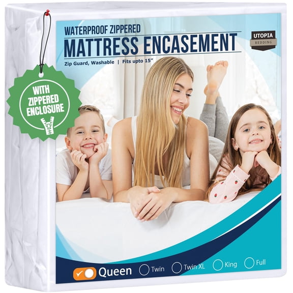 Waterproof Queen Mattress Encasement, 6 Sided Zippered Cover for Bed Bugs & Allergens, Deep Pocket 15 inches, Ultra Soft Polyester Fabric, White