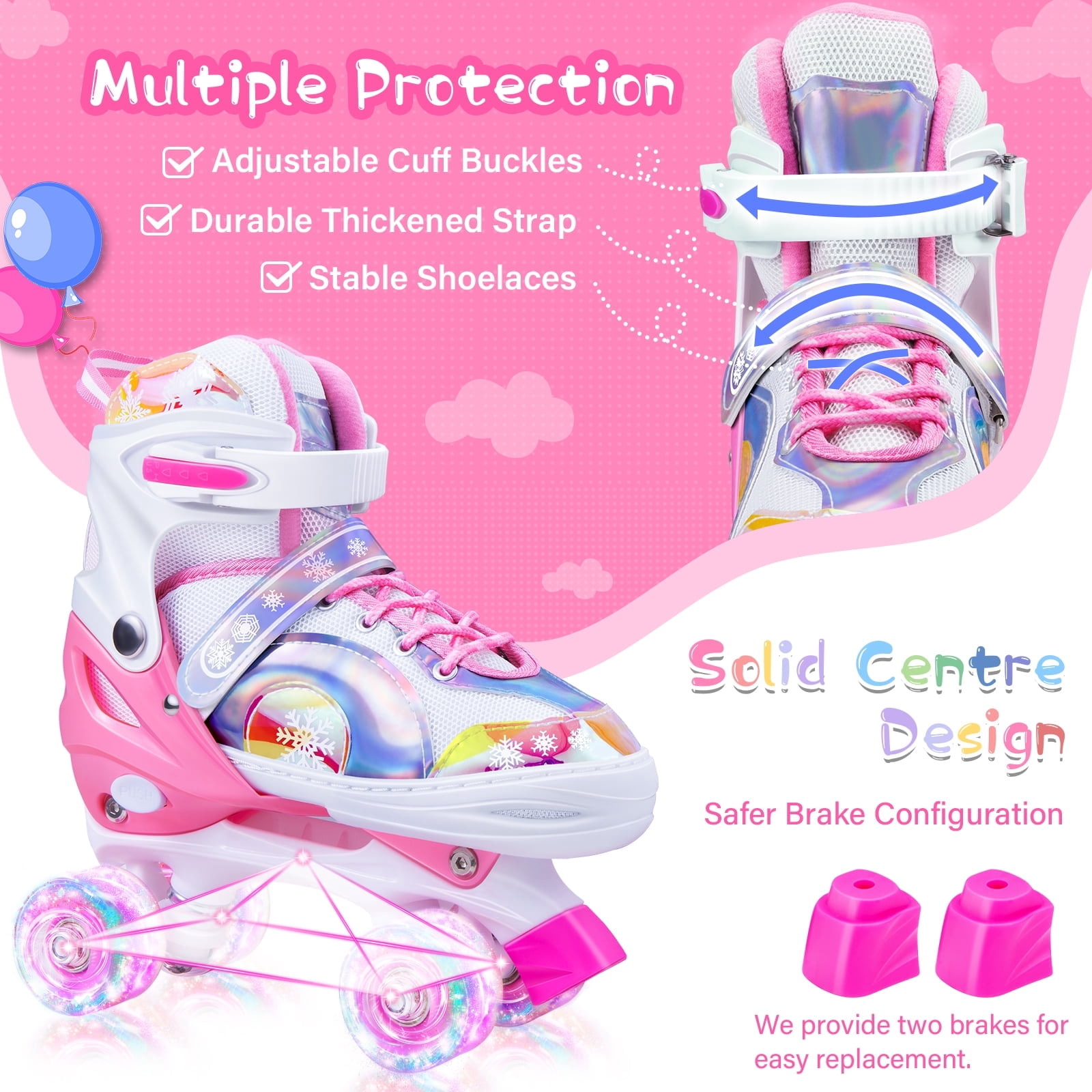 BVIVOK Adjustable Kids Roller Skates for Girls with Light up Wheels, Pink, Size 1-4