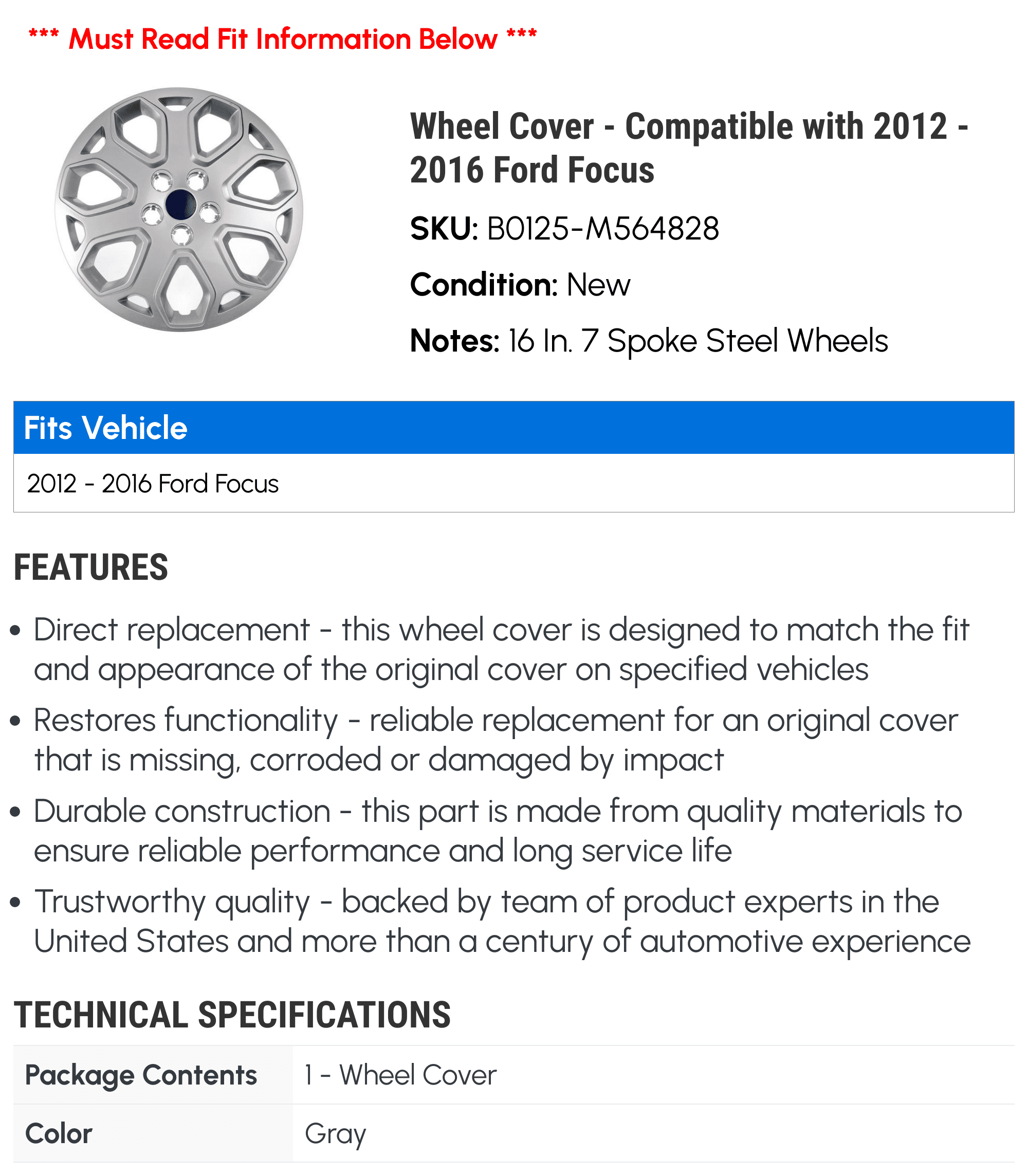 Wheel Cover - Compatible with 2012 - 2016 Ford Focus 2013 2014 2015