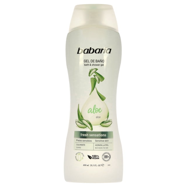 gel de baño de aloe vera de babaria para unisex - gel de baño de 20,3 oz, botella frontal curvada de plástico translúcido con tapa abatible; etiqueta con logo Babaria, texto "GEL DE BAÑO", gráfico de hoja de aloe y leyendas "fresh sensations" y "pieles sensibles", indicado como jabón corporal hidratante.