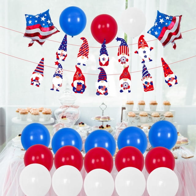 22 Uds. Conjunto de decoración de la Independencia, bandera americana, estrellas, de aluminio, pancarta colgante, de látex de 12 Bandera enana C Soledad Decoraciones del Día de la Independencia