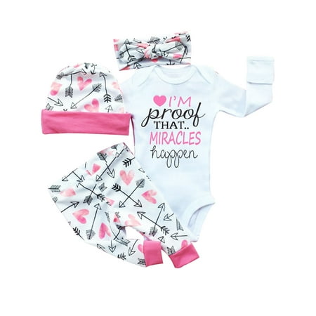 

luethbiezx Newborn Baby Girl Long Sleeves Romper Tops Pants Hat Headband 4PCS Outfits Set
