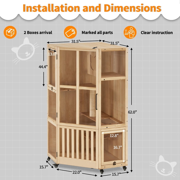 MCombo Large Corner Cat House Villa, Wooden Indoor Cat Enclosure