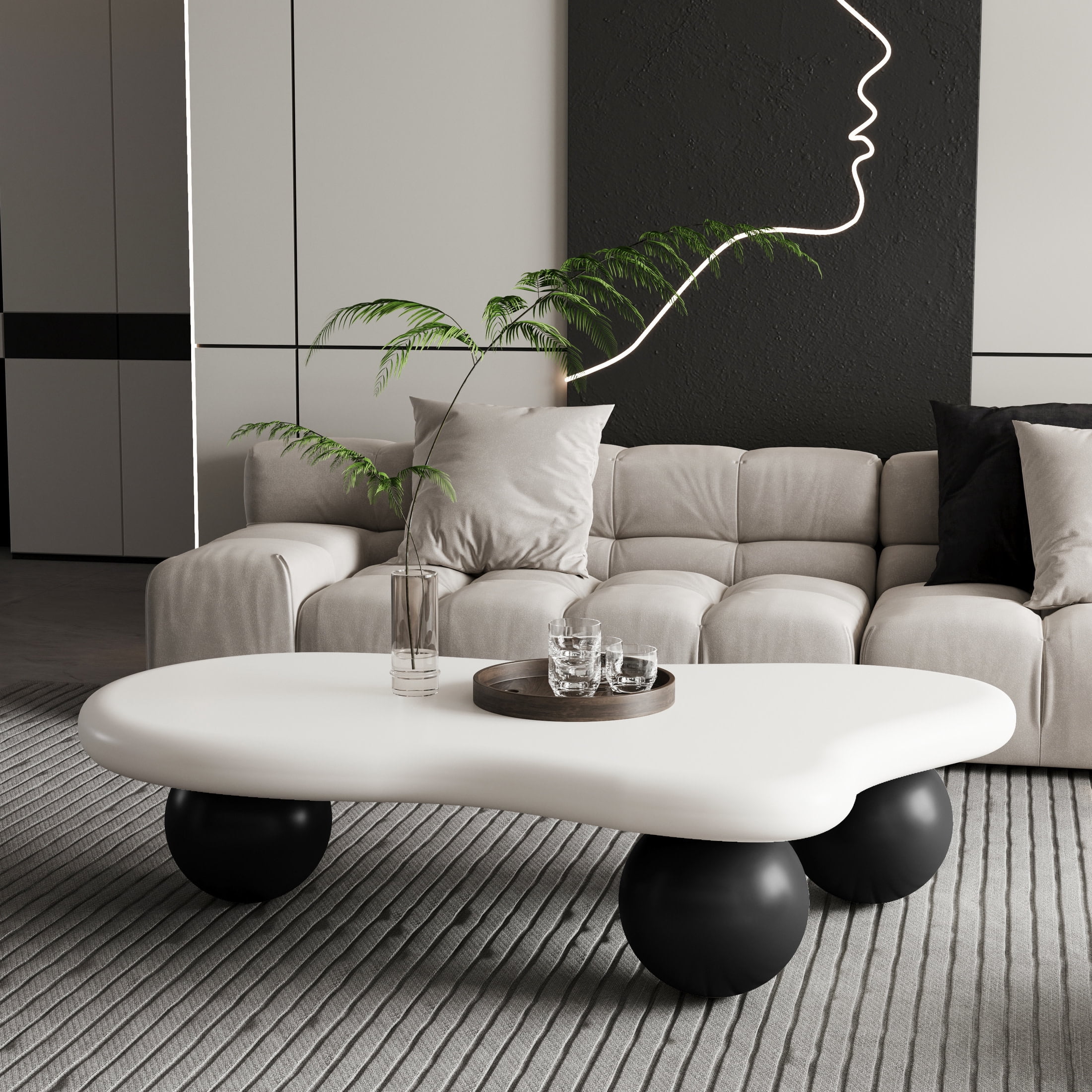 Noble House 47" Cloud Shaped Coffee Table with Ball Legs, Modern Aesthetic Accent Table for Living Room, White Top Black Legs