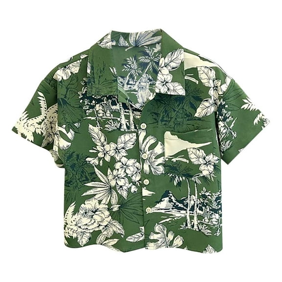 Ruyang Boys Hawaiian Shirts Green Tropical Print Beach Tee Shirt Summer Short Sleeve Button Down Tops with Pockets