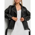 thumbnail image 2 of -Chaqueta de cuero sintético para mujer, abrigo holgado con cremallera y cinturón, color negro, para motociclista, primavera y otoño, 2 of 5