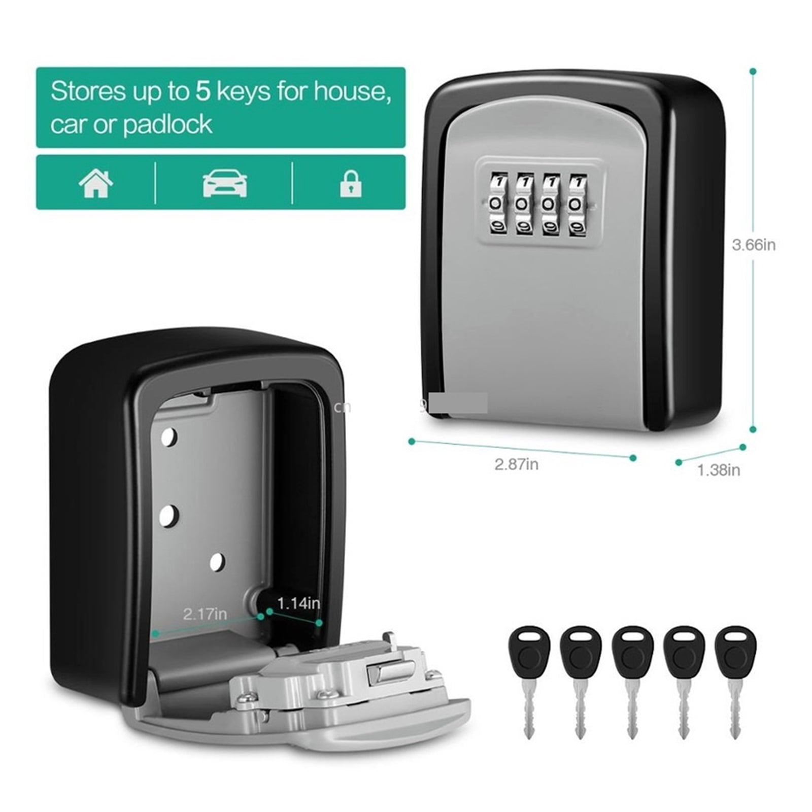 Key Lock Box , Wall Mounted Stainless Steel Key Safe Weatherproof 4 Combination Key Storage Lock Box for Indoor and Outdoor Use ,Prevent Theft
