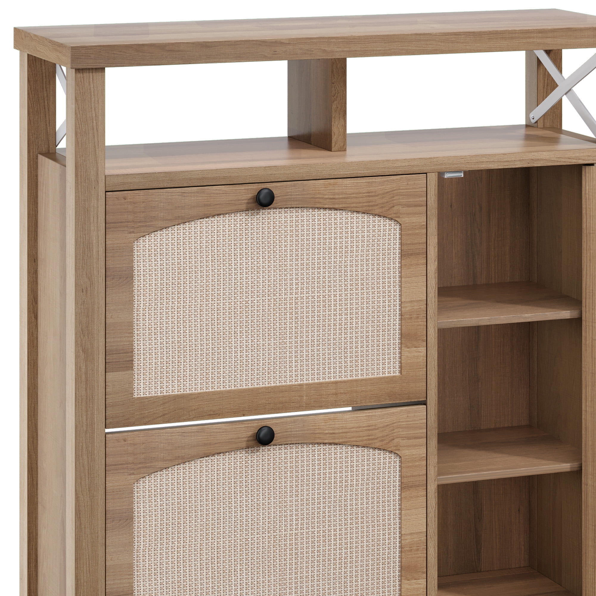 Uforic Shoe Cabinet with 2 Flip Drawers & Door, Farmhouse Shoe Organizer  Rack with Open Shelf, Oak