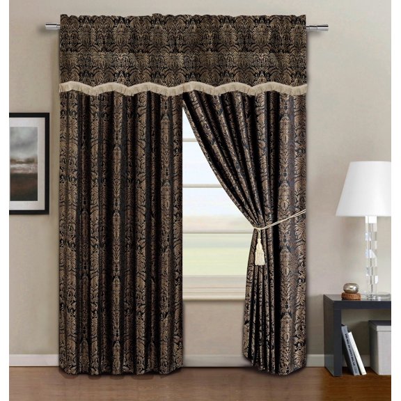 4-piece Heavyweight Jacquard Black/Gold Floral Window Curtain Set with Jacquard Woven Fabric