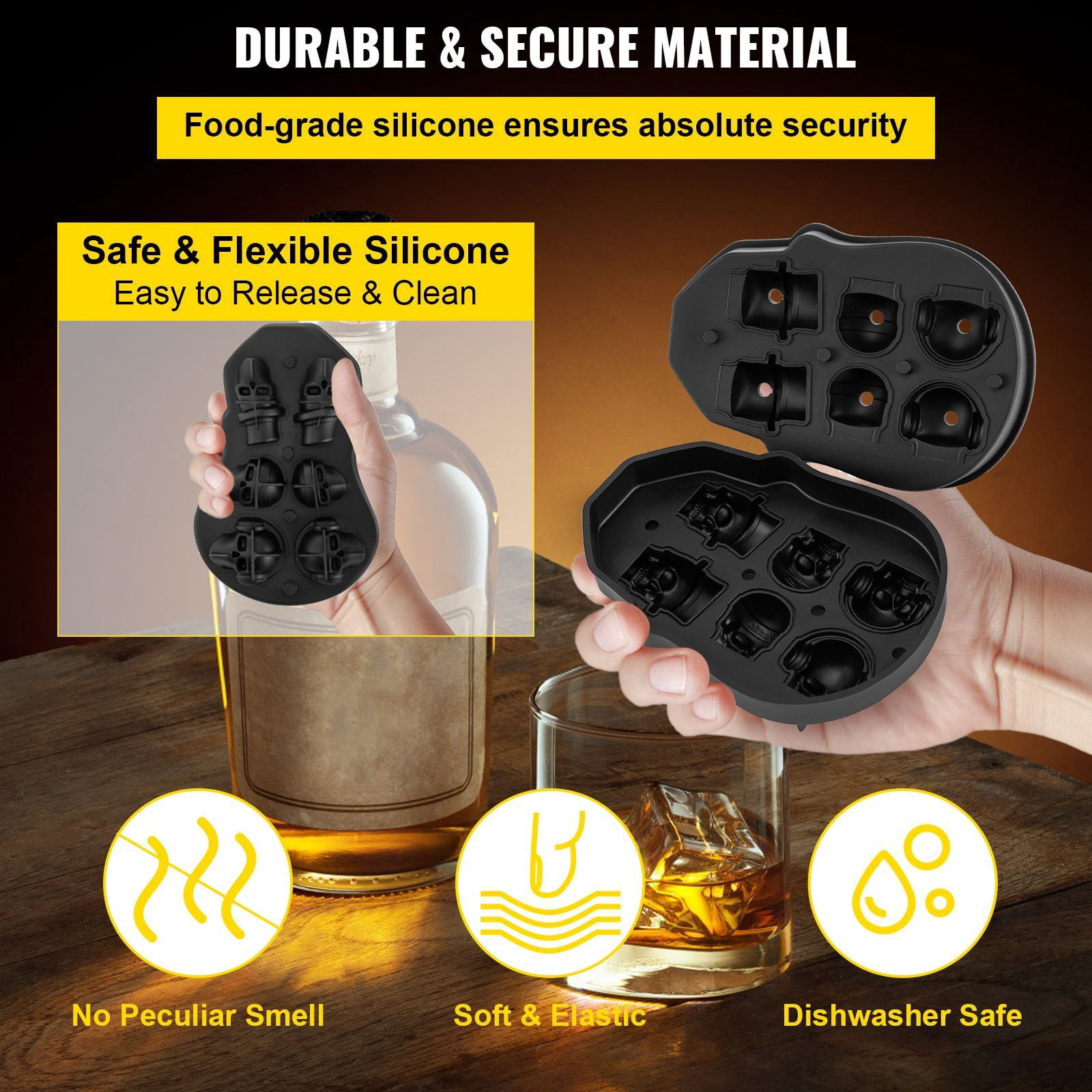 6-Grid Skull Shaped Ice Cube Tray with Lid & Funnel, Food-Grade Silicone 3D Skull Mold, Sealed Leak-Proof for Whiskey Cocktails Halloween Party Bar