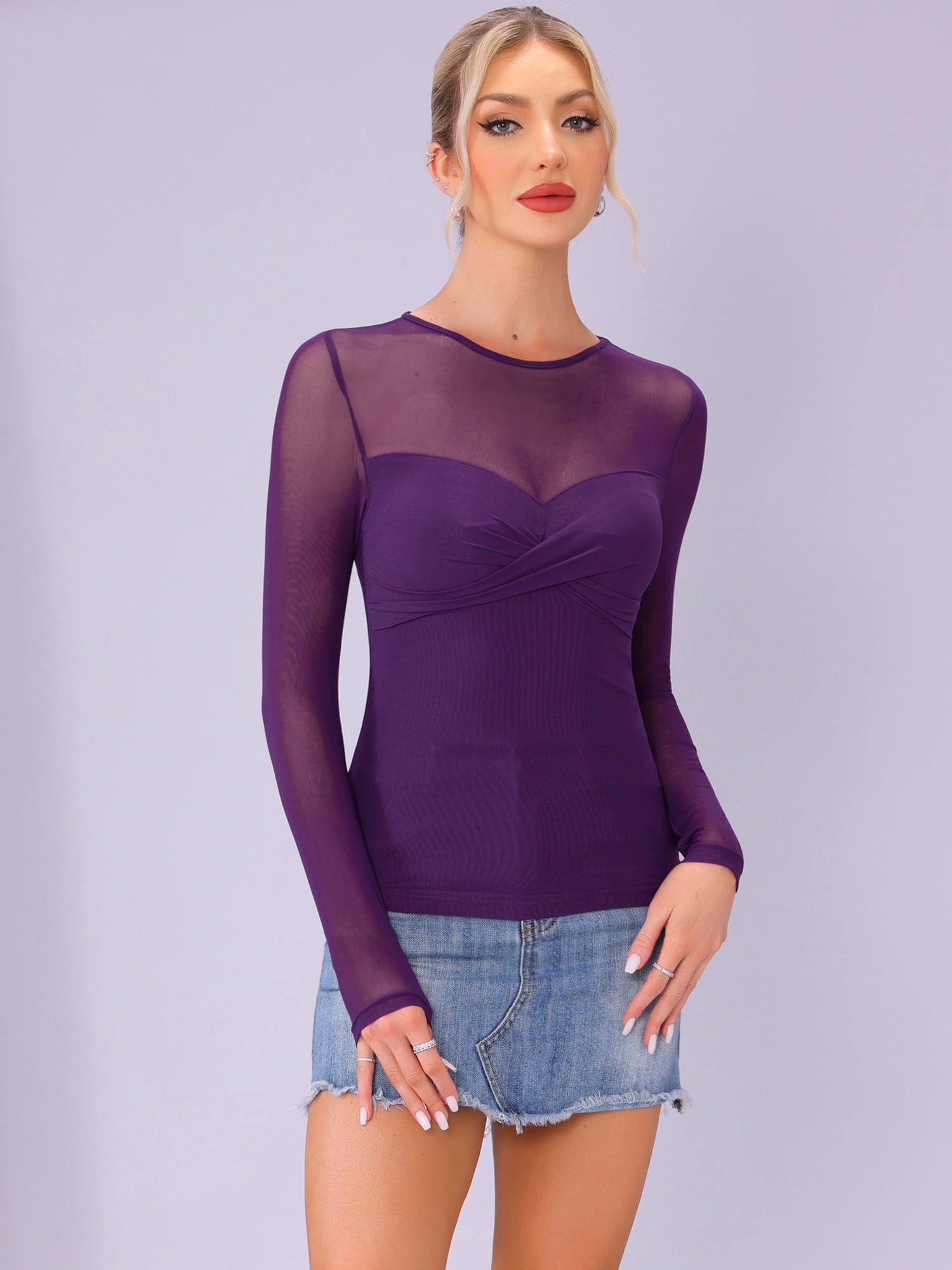 DARING DIVA Women's Mesh Long Sleeve See Through Sheer Top XL Dark Purple