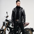 thumbnail image 4 of Men's color block PU leather jacket youth motorcycle jacket street wear stand-up collar design, 4 of 7