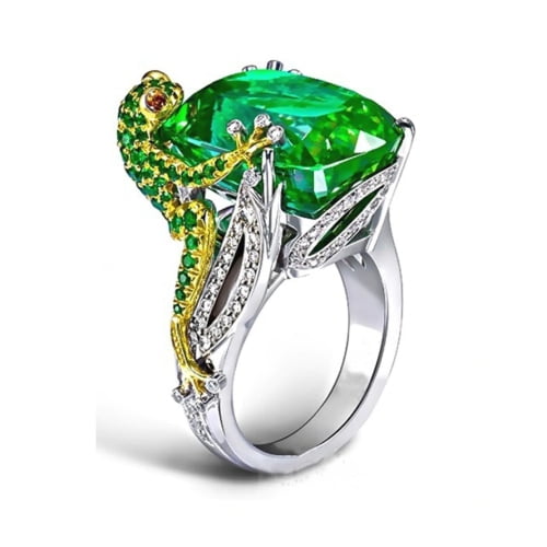 Silver Filled High Polish Finsh  Cute Frog Shape Lab Created Emerald Finger Ring