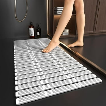 Shower Mat Non Slip Bathtub Mat - 36 x 16 Inch TPE PP Soft Anti Slip Bath Mat for Tub, Slatted Shower Floor Mat with Powerful Suction Cups and Drain Holes, Easy to Cut, Machine Washable, Grey