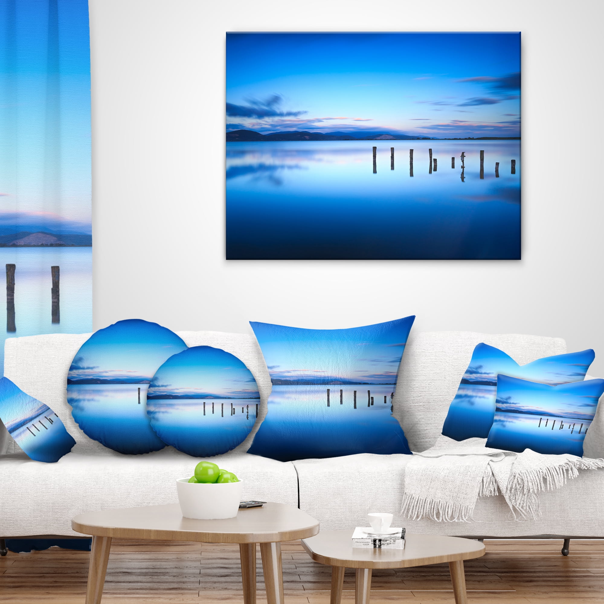 Designart Jetty Remains in Blue Sea - Seascape Throw Pillow - 16x16