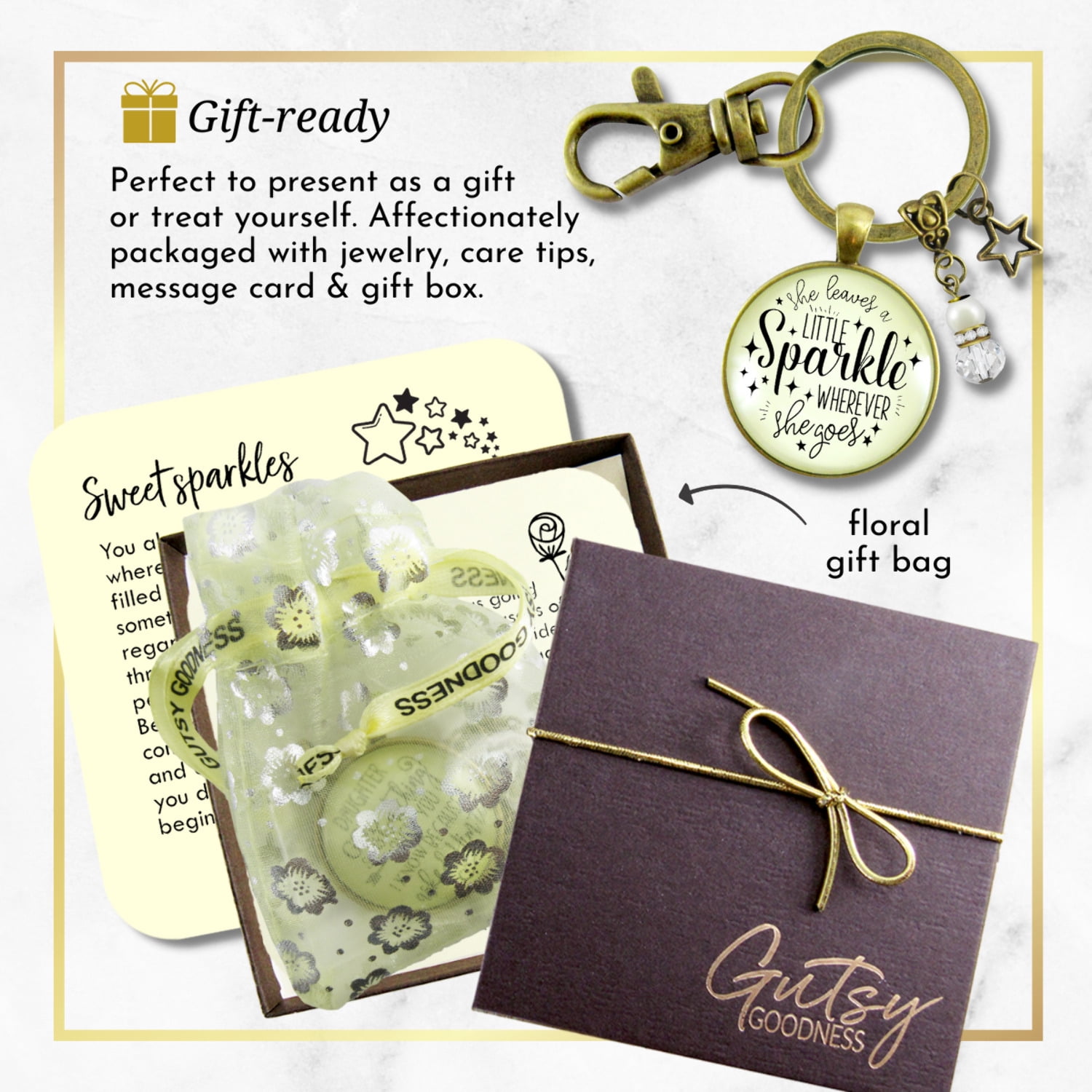 She Leaves Little Sparkle Gutsy Goodness Keychain Bronze Metal Female Adult Jewelry