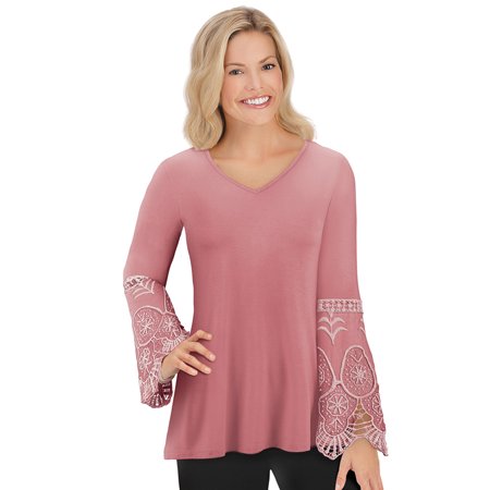 Women's Jersey-Knit Lace & Crochet Bell Sleeved Tunic Shirt with Wide V Neckline - Wear with Jeans or Leggings, Large,