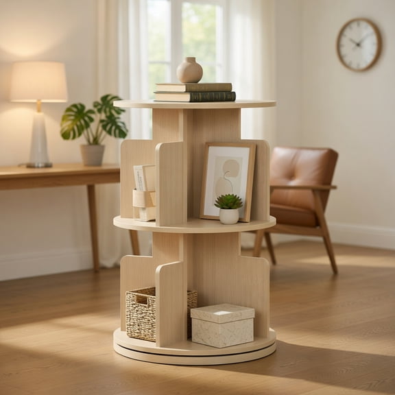 Spaco 2-Tier Rotating Bookshelf - 360° Swivel Anti-Fall, Dividers Home Display, Natural