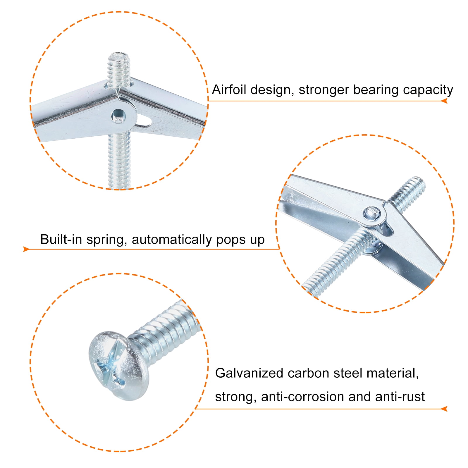 Uxcell 60Pack Spring Toggle Bolt Anchors, 3/16"x3" Butterfly Anchors Carbon Steel Round Head Toggle Bolt