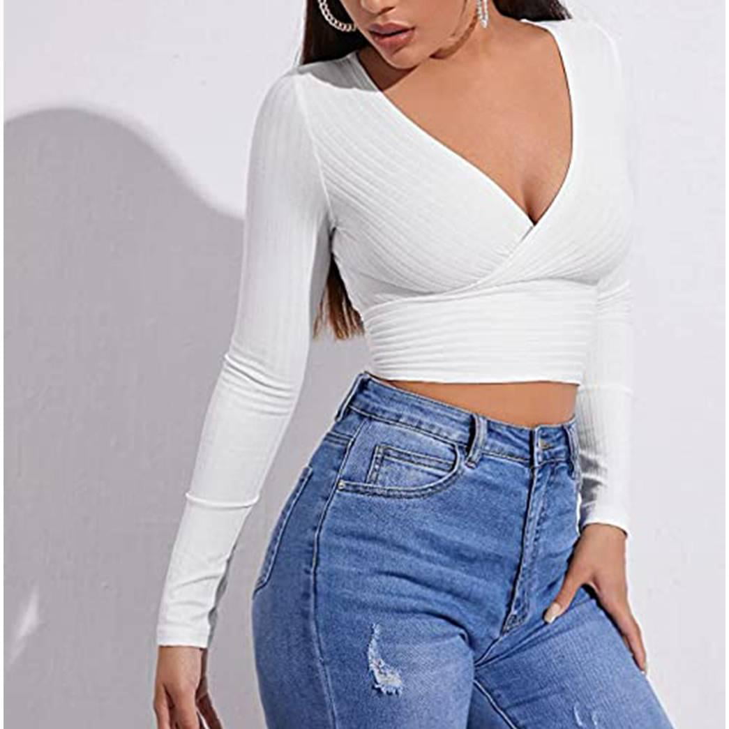 Ardm Sexy V Neck Strip Bodycon Tight Breast Beautiful White Lace Up Blouse  Women Crop Top