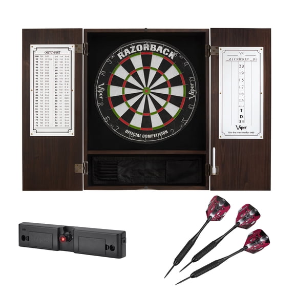 Viper Metropolitan Sisal Fiber Bristle Dartboard and Cabinet Bundle: Elite Set (Razorback Dartboard, Darts and Throw Line Light), Espresso Finish