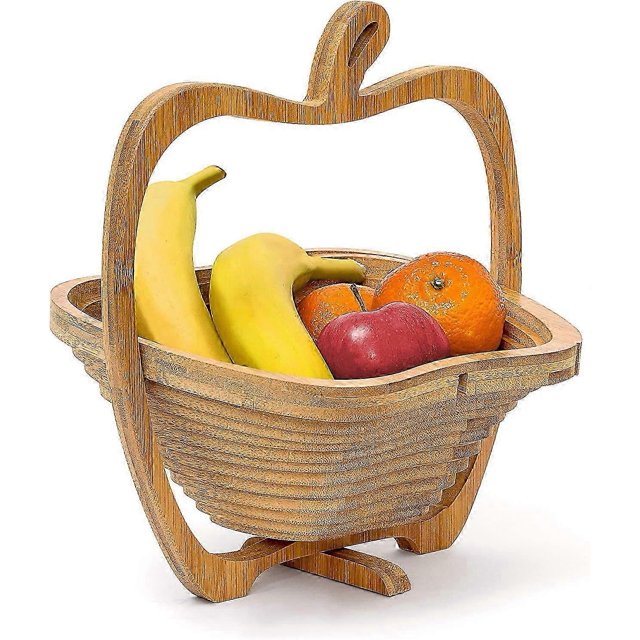 Bamboo Foldable Fruit Bowl Large Apple Shape Kitchen Counter Decor Natural Wood Design