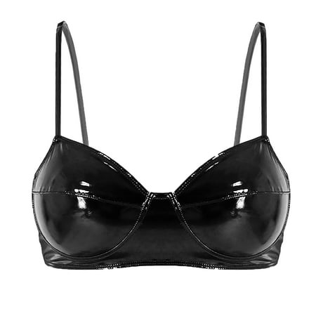 LiiYii Women s Wet Look Faux Leather Bra Tops Wire-free Unlined Triangle Bralette Corset Underwear Lingerie Black 4XL