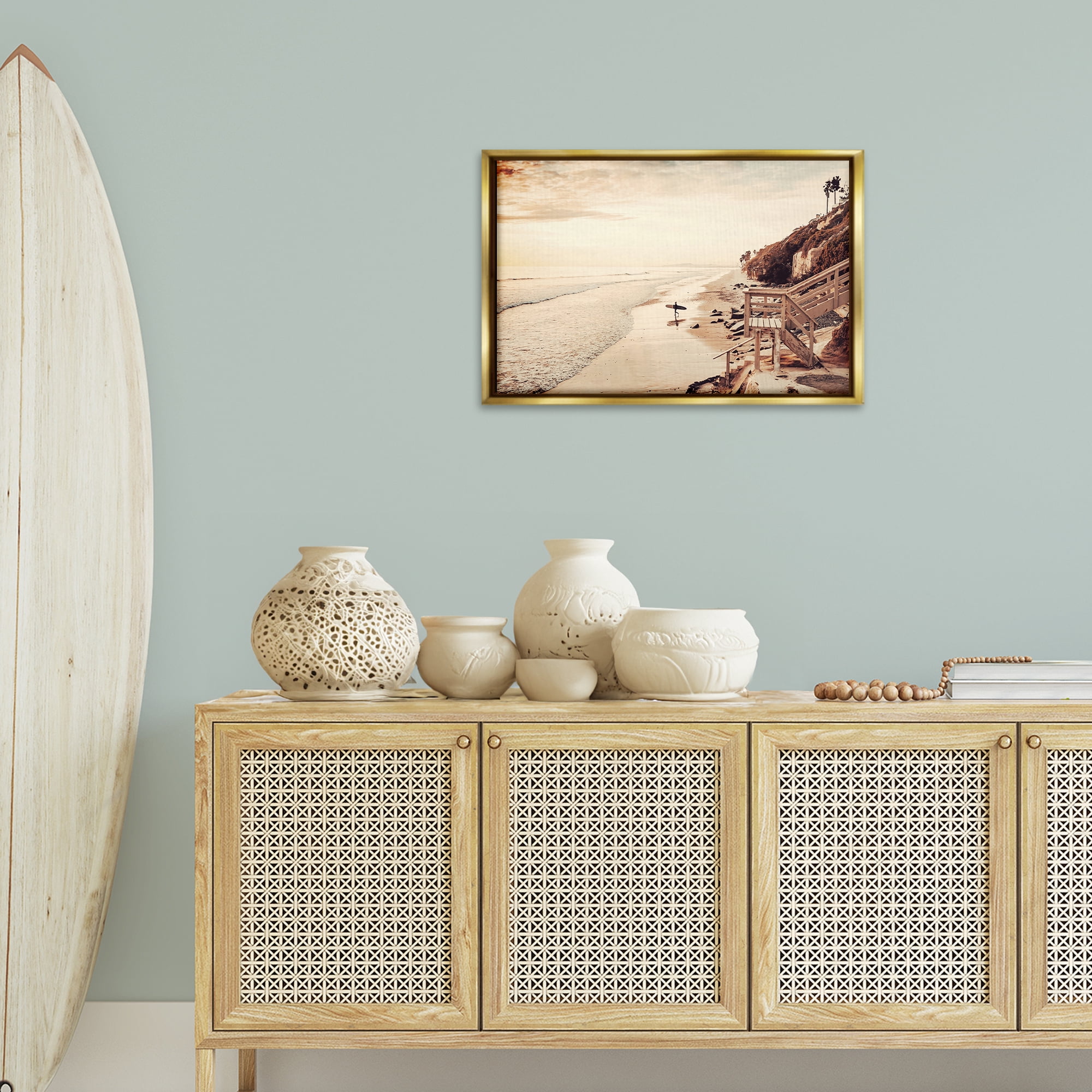 Stupell Industries Sunset & Surf Landscape Nautical & Beach Photography Gold Floater Framed Canvas Art Print Wall Art, 25 x 17