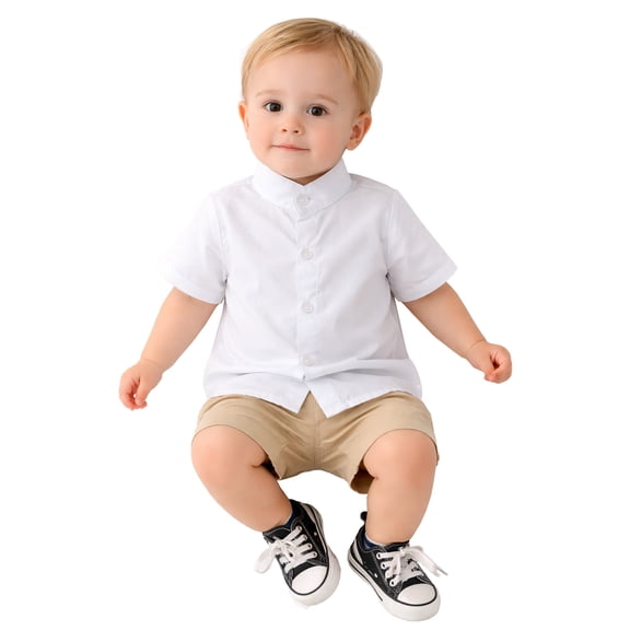 stylesilove Toddler Boys Band Collar Short Sleeve White Cotton Button Down Shirt for Casual, Formal Event, Special Occasions (3 Years)
