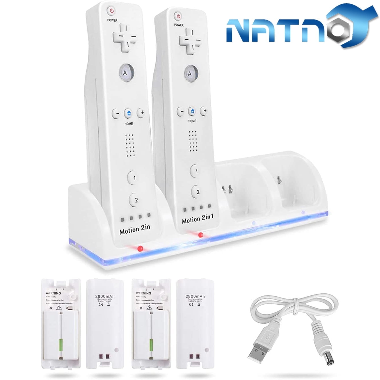 For Wii and Wii U Remote Controller Charging Station with Rechargeable Batteries , 4 Port Wii Charger Stand with 4 pcs 2800mAh Batteries + USB Cable （Remote Not Included）