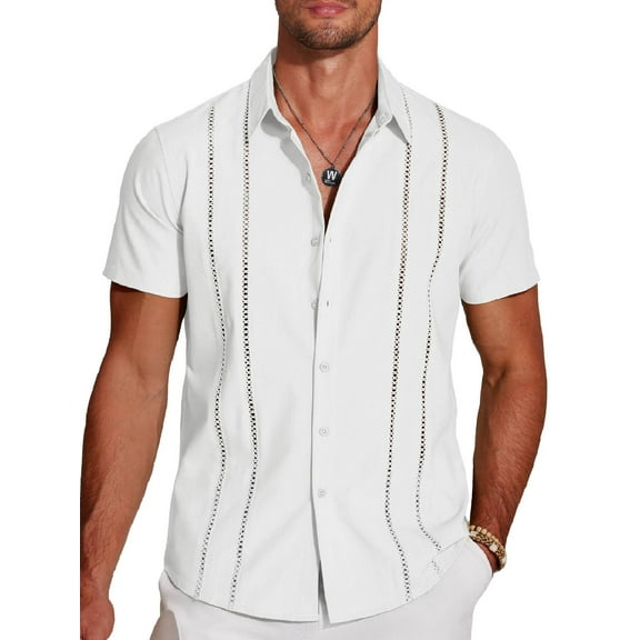 Coshow Men's Button Down Short Sleeve Shirt Cuban Guayabera Casual Summer Linen Beach Shirt