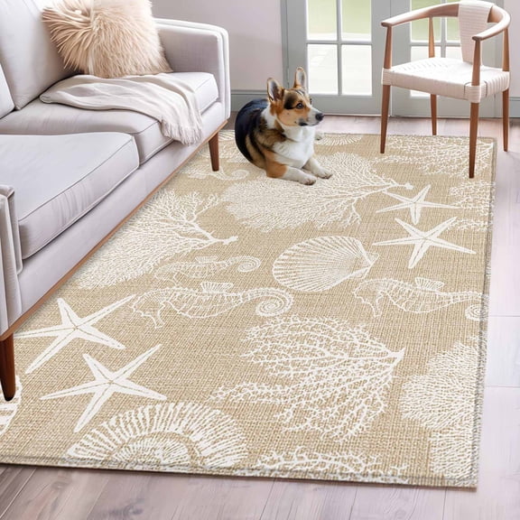 Beige Coastal Area Rugs 3x5 ft Nautical Starfish Seahorse Coral Summer Washable Rug Non Slip Indoor Carpet Absorbent Floor Mat for Living Room Bedroom Dining Room